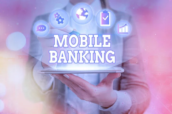 Kézírás szövegírás Mobil Banking. Fogalom jelentése pénzügyi tranzakciók létrehozása okostelefon használatával. — Stock Fotó