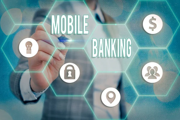 Writing note showing Mobile Banking. Business photo showcasing to create financial transactions with the use of smartphone.