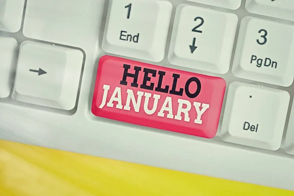 Sinal de texto mostrando Olá Janeiro. Saudação conceitual da foto usada ao receber o primeiro mês do ano . — Fotografia de Stock
