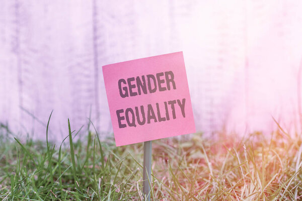 Writing note showing Gender Equality. Business photo showcasing access to same privilege given to both men and women Plain paper attached to stick and placed in the grassy land.