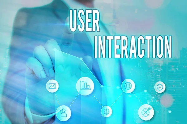 Nota de escrita mostrando a interação do usuário. Foto de negócios mostrando como o cliente age no sistema e vice-versa . — Fotografia de Stock
