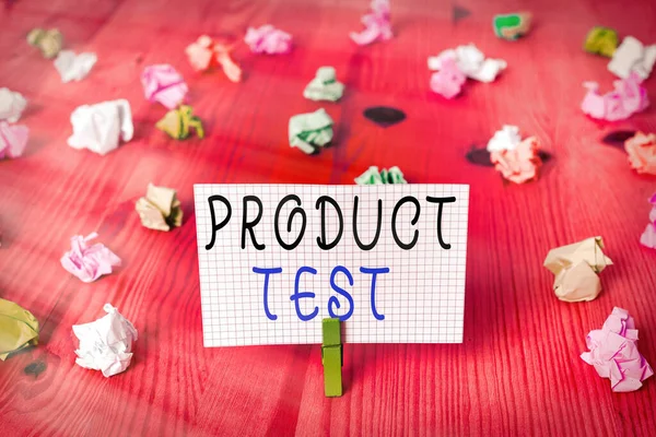 Konceptuell handstil som visar Product Test. Företagsfoto visa upp processen för att mäta egenskaper eller prestanda hos produkter. — Stockfoto