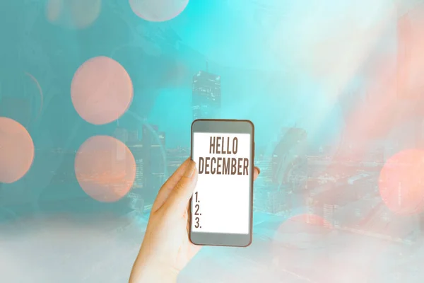 Konceptuell handstil visar Hello December. Företagsfoto text hälsning som används vid välkomnande av den tolfte månaden av året. — Stockfoto