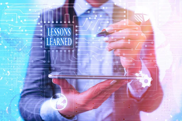 Text sign showing Lessons Learned. Conceptual photo experiences garnered from understanding the activity. — Stock Photo, Image