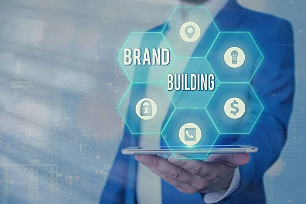 브랜드 빌딩 (Brand Building) 이란 이름의 문자를 쓴다. 고객을 늘리는 개념은 특정 한 사업에 대한 지식입니다. — 스톡 사진