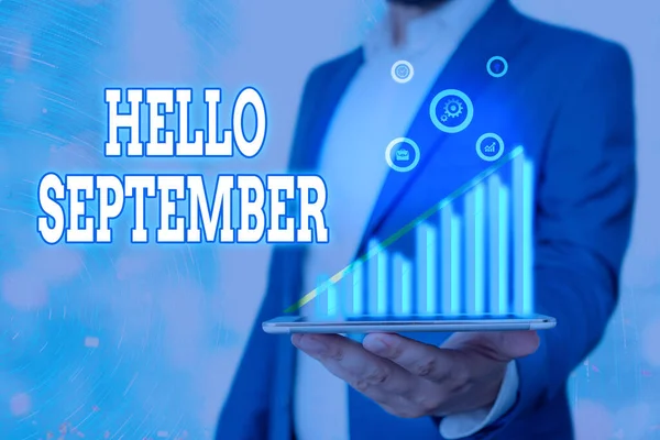 Escribir texto a mano Hola Septiembre. Concepto que significa saludo utilizado para conmemorar el noveno mes del año . — Foto de Stock