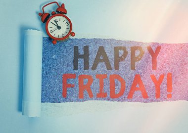 Mutlu Cuma 'yı gösteren bir mesaj. Güzel bir hafta sonu ve iş sonrası partisinin ya da akşam yemeğinin kavramsal fotoğrafı..