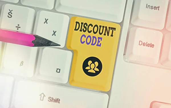 Handwriting text writing Discount Code. Concept meaning to reduce the price of a product with an individualalized voucher.