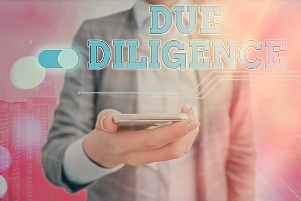 Text sign showing Due Diligence. Conceptual photo avoid harming other business property for an agreement. — Stock Photo, Image