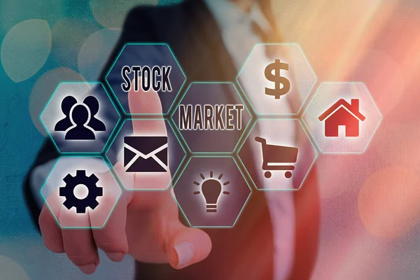 Conceptuele handschrift tonen Stock Market. Bedrijfsfoto presentatie forex trading voor financiële investeringen en economie trends. — Stockfoto