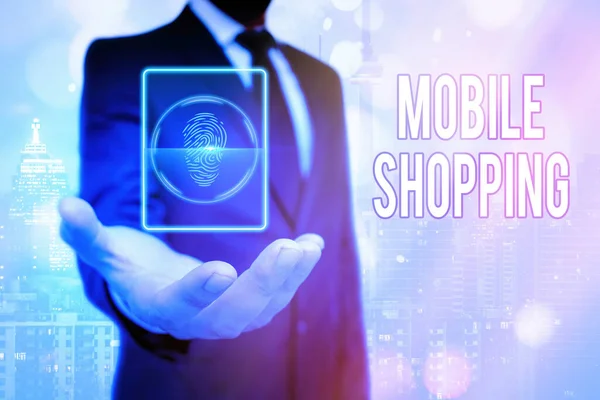 Znak tekstowy pokazujący Mobile Shopping. Koncepcyjne zdjęcie do zakupu towaru prowadzonego przy użyciu telefonu komórkowego. — Zdjęcie stockowe