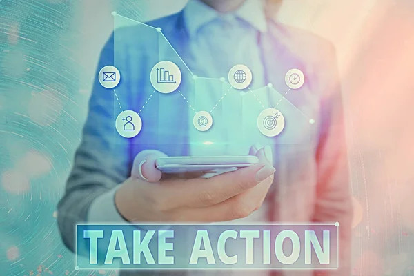 Sinal de texto mostrando Take Action. Foto conceitual ato positivo de tomar uma decisão para resolver o problema . — Fotografia de Stock