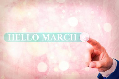 Hello March 'ı gösteren bir not yazıyorum. Mart ayını karşılarken kullanılan bir karşılama ifadesini gösteren iş fotoğrafı.