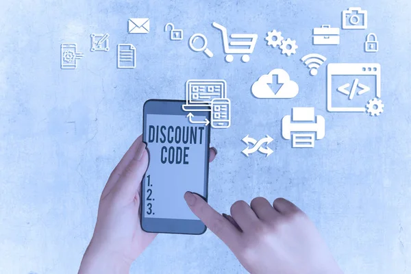 Writing note showing Discount Code. Business photo showcasing to reduce the price of a product with an individualalized voucher.