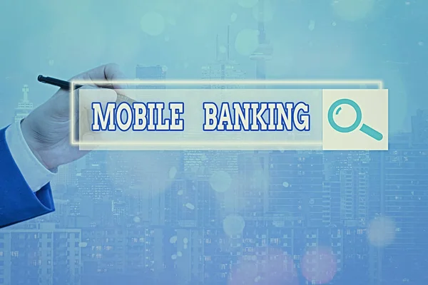Mobil Banking-et mutató szövegtábla. Koncepcionális fotó létrehozása pénzügyi tranzakciók segítségével okostelefon. — Stock Fotó