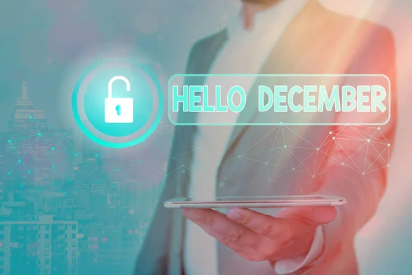 Text sign showing Hello December. Conceptual photo greeting used when welcoming the twelfth month of the year. — Stock Photo, Image