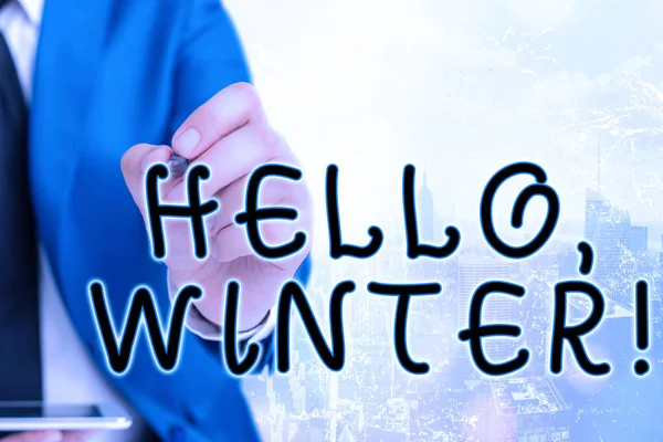 Parola che scrive testo Ciao, Winter. Business concept per il saluto utilizzato quando passa la stagione fredda dell'anno . — Foto Stock