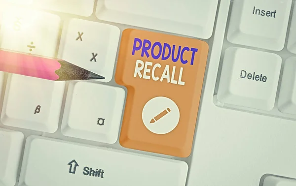 Word writing text Product Recall. Business concept for request to return the possible product issues to the market.