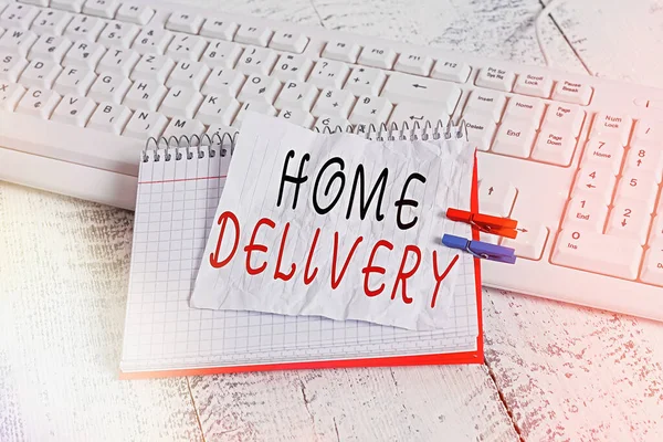 Handwriting text Home Delivery. Concept meaning All checkout items are directly sent to the buyer s is home notebook paper reminder clothespin pinned sheet white keyboard light wooden.
