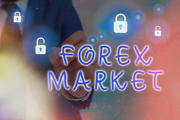 Σήμα κειμένου που δείχνει Forex Market. Εννοιολογική φωτογραφία παγκόσμια επιχείρηση και να χρηματοδοτήσει τις οικονομικές τάσεις των συναλλαγών στο νόμισμα. — Φωτογραφία Αρχείου