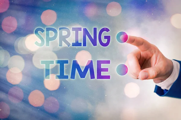 Writing note showing Spring Time. Business photo showcasing temperate season of the year identified by a revival of plants. — Stock Photo, Image