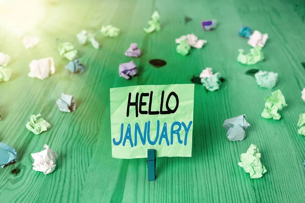 Escritura a mano conceptual que muestra Hello January. Saludo del texto de la foto del negocio utilizado al dar la bienvenida al 1er mes del año . —  Fotos de Stock