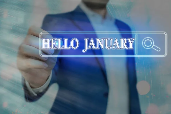 Texto de escritura de palabras Hola enero. Concepto de negocio para el saludo utilizado al dar la bienvenida al primer mes del año . — Foto de Stock