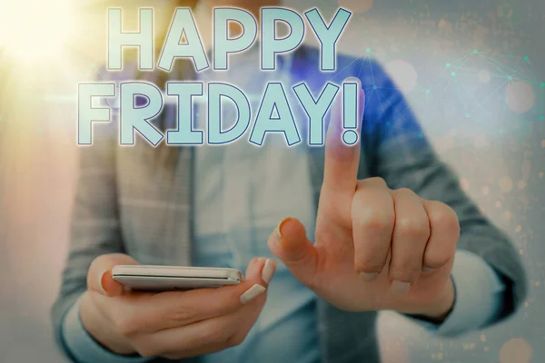 Wortschreibtext Happy Friday. Business-Konzept für die Feier eines schönen Wochenendes und After-Work-Party oder Dinner. — Stockfoto