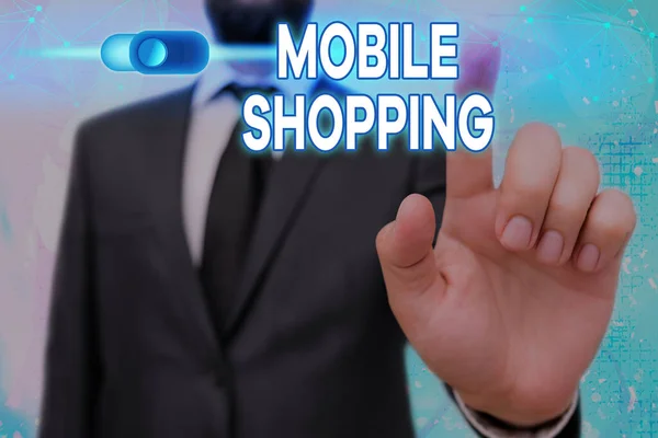 Konceptualne pismo ręczne pokazujące Mobile Shopping. Biznes zdjęcie tekst do zakupu towaru prowadzonego za pomocą telefonu komórkowego. — Zdjęcie stockowe