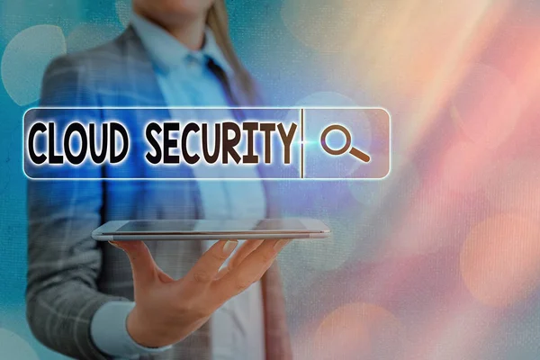 Üzenet, ami a Cloud Security-t mutatja. Koncepcionális fotó Meglévő adatok biztonságos rendszerének bevezetése az interneten. — Stock Fotó