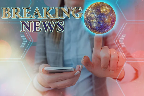 Handwriting text Breaking News. Concept meaning newly received current information about an occurred event Elements of this image furnished by NASA. — Stock Photo, Image