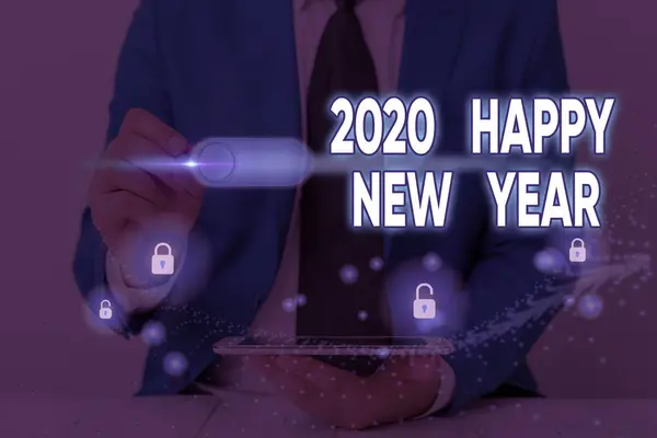 Szöveges tábla 2020 Boldog Új Évet. A 2020-as naptári év kezdetének koncepcionális fotóünnepe. — Stock Fotó