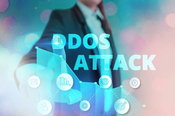 Ddos Attack 를 보여 주는 콘셉트 손 글씨. 비즈니스 포토 텍스트 악성 시스템에 의해 야기된 일반 서버에 대한 접근을 방해. — 스톡 사진