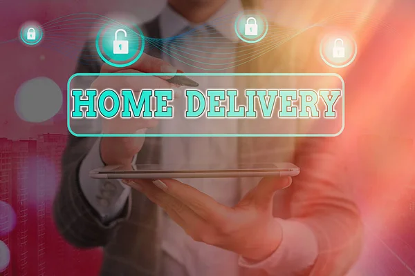 Word writing text Home Delivery. Geschäftskonzept für alle Kassenartikel werden direkt an den Käufer geschickt s ist zu Hause. — Stockfoto