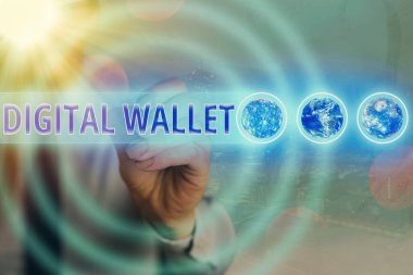 Kelime yazma metni Dijital Cüzdan. NASA tarafından desteklenen bu görüntünün çevrimiçi işlem elemanlarının oluşturulmasına izin veren bir finans hesabı için iş kavramı.
