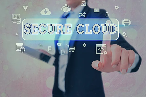 Konceptualne pismo pokazujące Secure Cloud. Biznesowe zdjęcie przedstawiające globalne bezpieczeństwo sieci i ochronę dużych zbiorów danych w Internecie. — Zdjęcie stockowe
