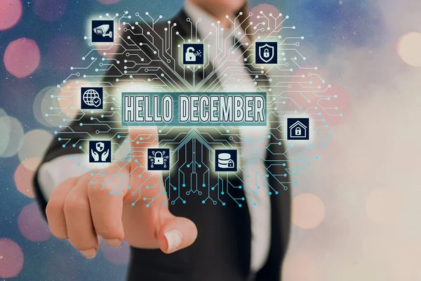 Schrijfbriefje met Hallo December. Zakelijke foto presentatie begroeting gebruikt bij het verwelkomen van de twaalfde maand van het jaar. — Stockfoto