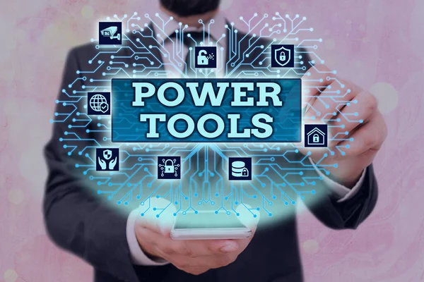 手書きテキスト｜Power Tools。概念電動モータを動力源とする工具で、主に手作業で使用されます。. — ストック写真