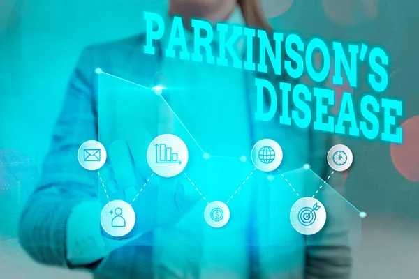 Parkinson Hastalığı 'nı gösteren bir not yazıyorum. İş fotoğraflarında ilerleyen kronik nörolojik hastalıklar görülüyor.. — Stok fotoğraf