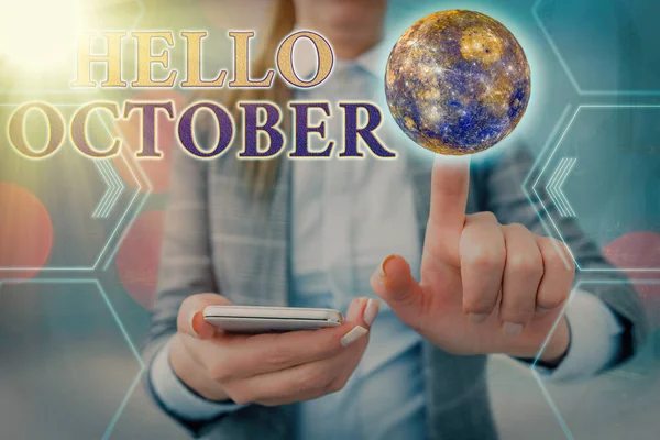 Handschriftlicher Text Hallo Oktober. Konzept des Grußes bei der Begrüßung des 10. Monats des Jahres Elemente dieses Bildes der NASA. — Stockfoto