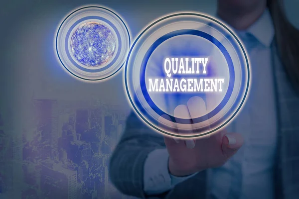 Text sign showing Quality Management. Conceptual photo act of overseeing activities that must be accomplished Elements of this image furnished by NASA. — Stock Photo, Image