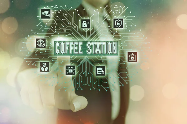 Writing note showing Coffee Station. Business photo showcasing a small, informal restaurant that typically serves hot drinks.