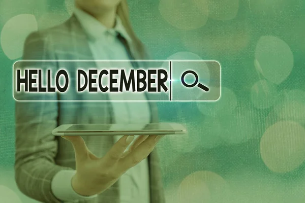 Textschild mit Hallo Dezember. Konzeptioneller Foto-Gruß zur Begrüßung des zwölften Monats des Jahres. — Stockfoto