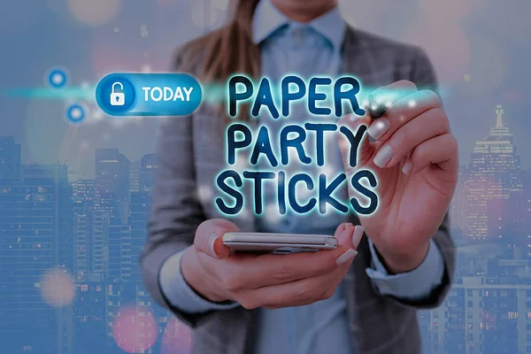 Escritura a mano de texto Paper Party Sticks. Concepto que significa papel pintado duro en forma de utilizado para signos y emojis . — Foto de Stock