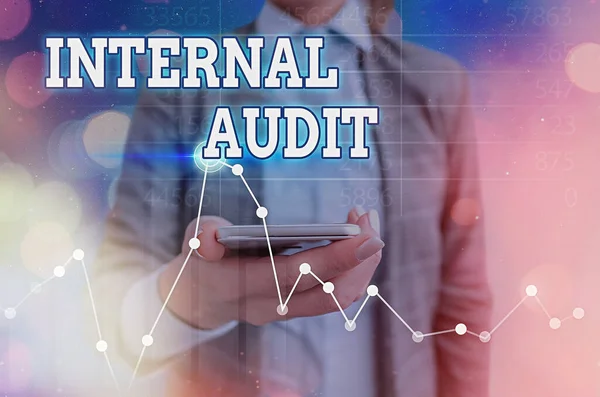 Text sign showing Internal Audit. Conceptual photo evaluates the objective assurance to improve a firm s is operation. — Stock Photo, Image