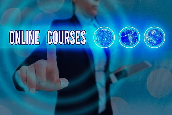 Word writing text Online Courses. Business concept for earning an education that is conducted over the Internet Elements of this image furnished by NASA.