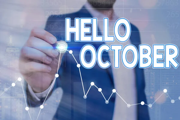 Fogalmi kézírás mutatja Hello October. Üzleti fotó szöveg köszöntés az év 10. hónapjának köszöntésekor. — Stock Fotó