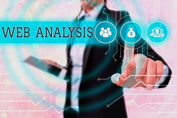 Schreiben Notiz zeigt Web Analysis. Geschäftsfotos mit Geschäftsplanung, Beratung, Finanzbericht, Strategie und Visualisierung. — Stockfoto