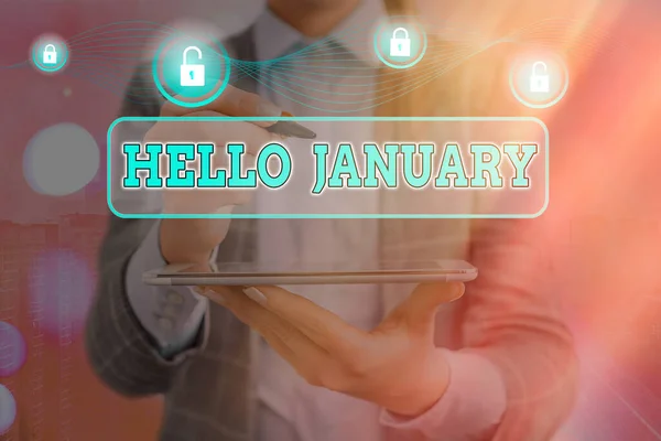 Wortschreibtext Hallo Januar. Businesskonzept zur Begrüßung des 1. Monats des Jahres. — Stockfoto