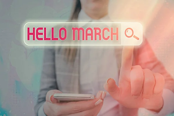 Merhaba March 'ı gösteren mesaj işareti. Kavramsal fotoğraf Mart ayını karşılarken kullanılan bir karşılama ifadesi. — Stok fotoğraf